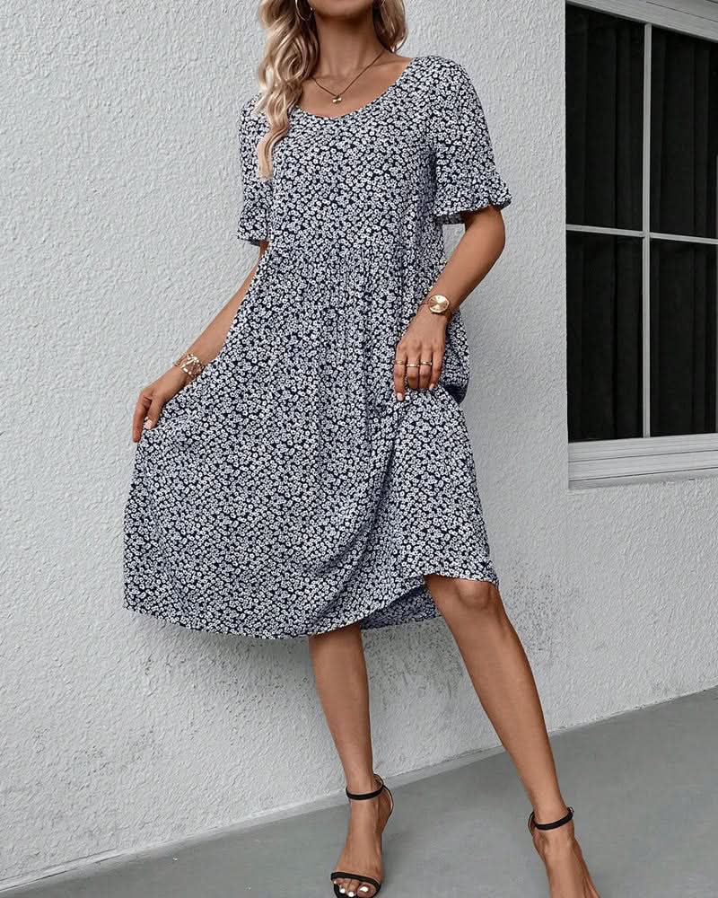 Blomstret Casual Midi Sommerkjole med Flæseærmer | Dimissions- & Strandkjole