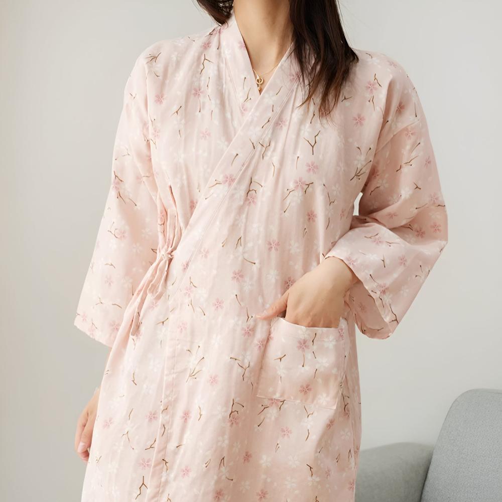 Blomstret Kimono Morgenkåbe til Kvinder | Taljebælte & Lommer