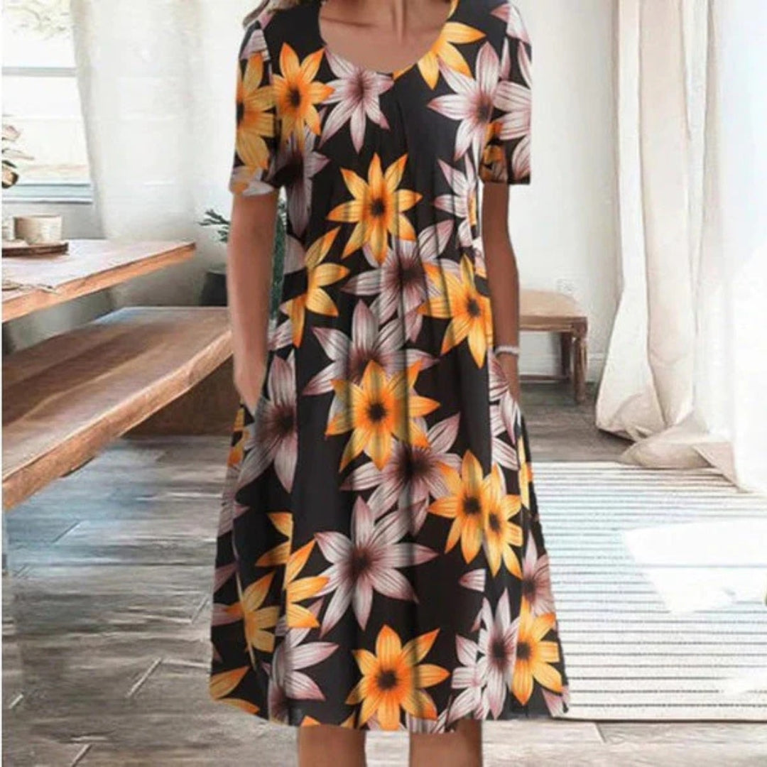 Blomstret Midi Kjole med Lommer | Casual Sommer-, Dimissions- & Strandkjole