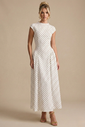 Kvinders Polka Dot Maxi Kjole - Høj Hals Cap Ærme - Fuld Nederdel