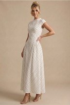 Kvinders Polka Dot Maxi Kjole - Høj Hals Cap Ærme - Fuld Nederdel
