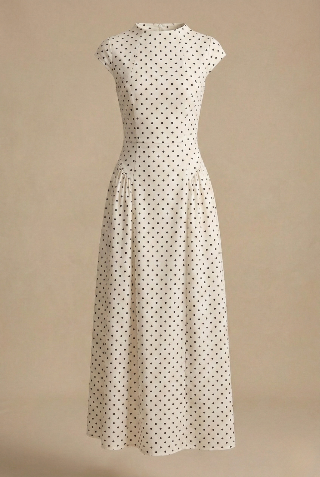 Kvinders Polka Dot Maxi Kjole - Høj Hals Cap Ærme - Fuld Nederdel