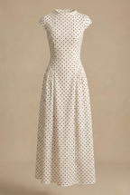 Kvinders Polka Dot Maxi Kjole - Høj Hals Cap Ærme - Fuld Nederdel