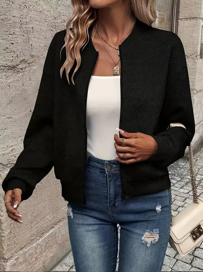 Kvinders Lynlås-Textureret Cardigan med Ribbet Kant og Lange Ærmer