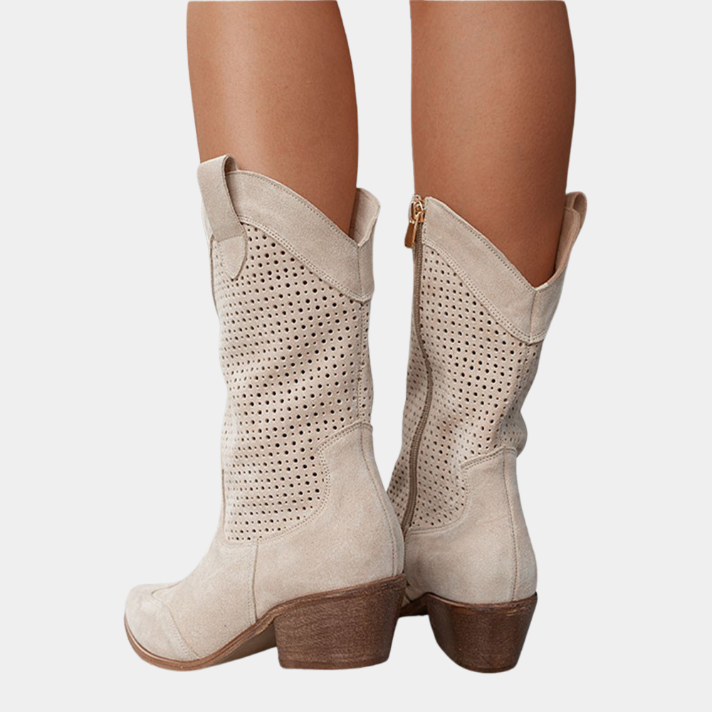 Cowboy Støvler Dame | Ortopædiske Cowboy Boots med Udskåret Mønster & Blok Hæl