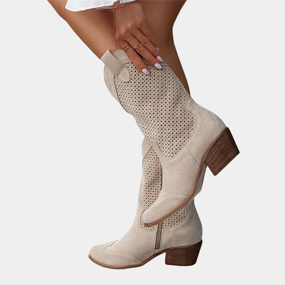 Cowboy Støvler Dame | Ortopædiske Cowboy Boots med Udskåret Mønster & Blok Hæl