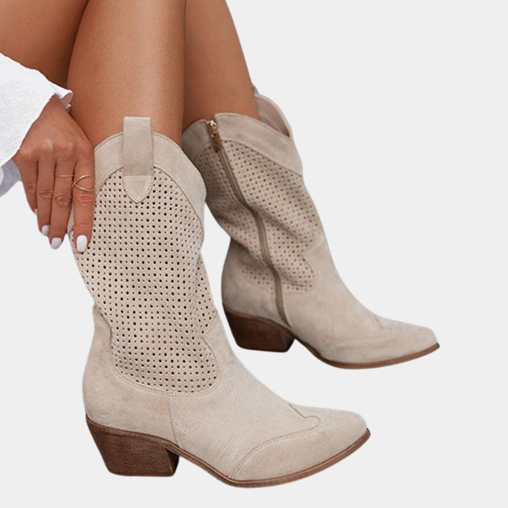 Cowboy Støvler Dame | Ortopædiske Cowboy Boots med Udskåret Mønster & Blok Hæl