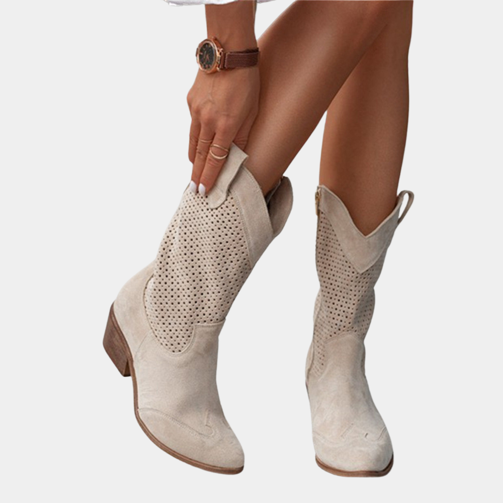 Cowboy Støvler Dame | Ortopædiske Cowboy Boots med Udskåret Mønster & Blok Hæl