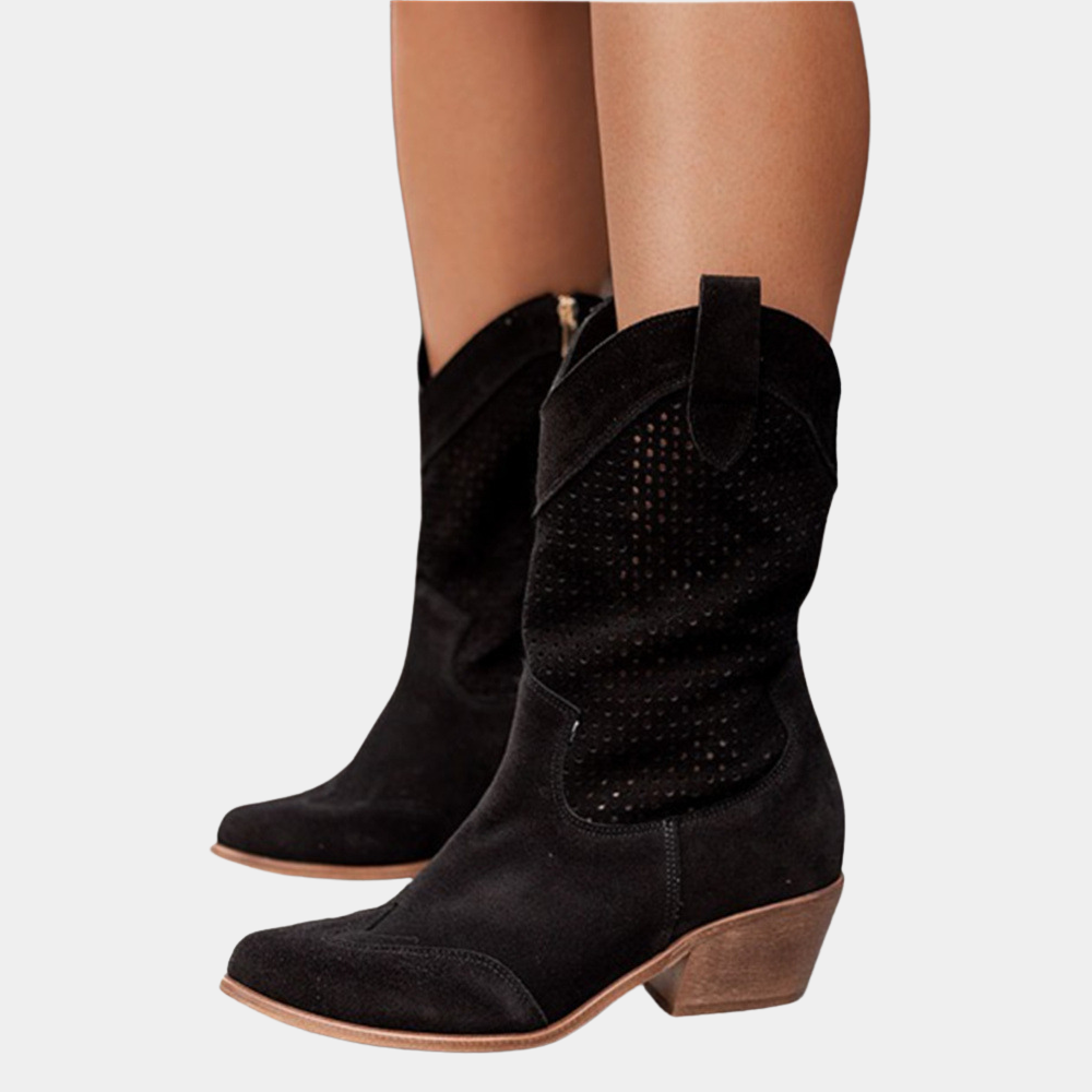 Cowboy Støvler Dame | Ortopædiske Cowboy Boots med Udskåret Mønster & Blok Hæl