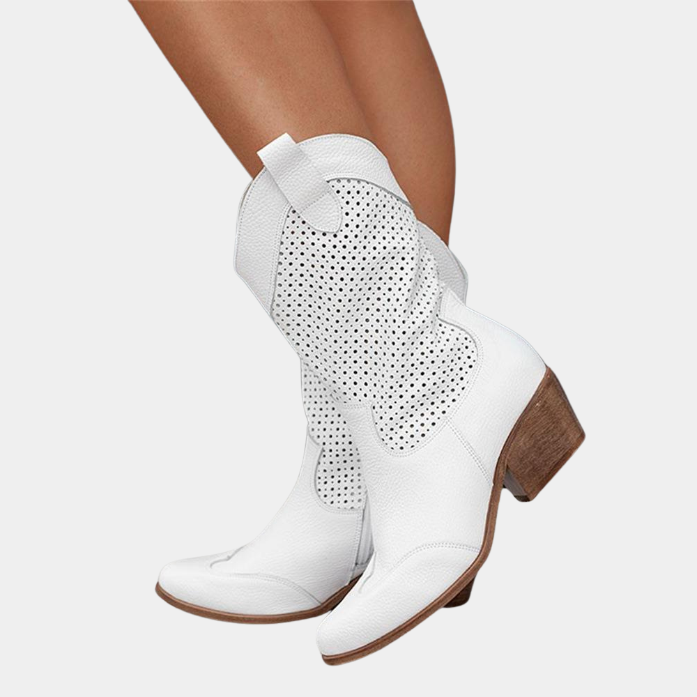 Cowboy Støvler Dame | Ortopædiske Cowboy Boots med Udskåret Mønster & Blok Hæl