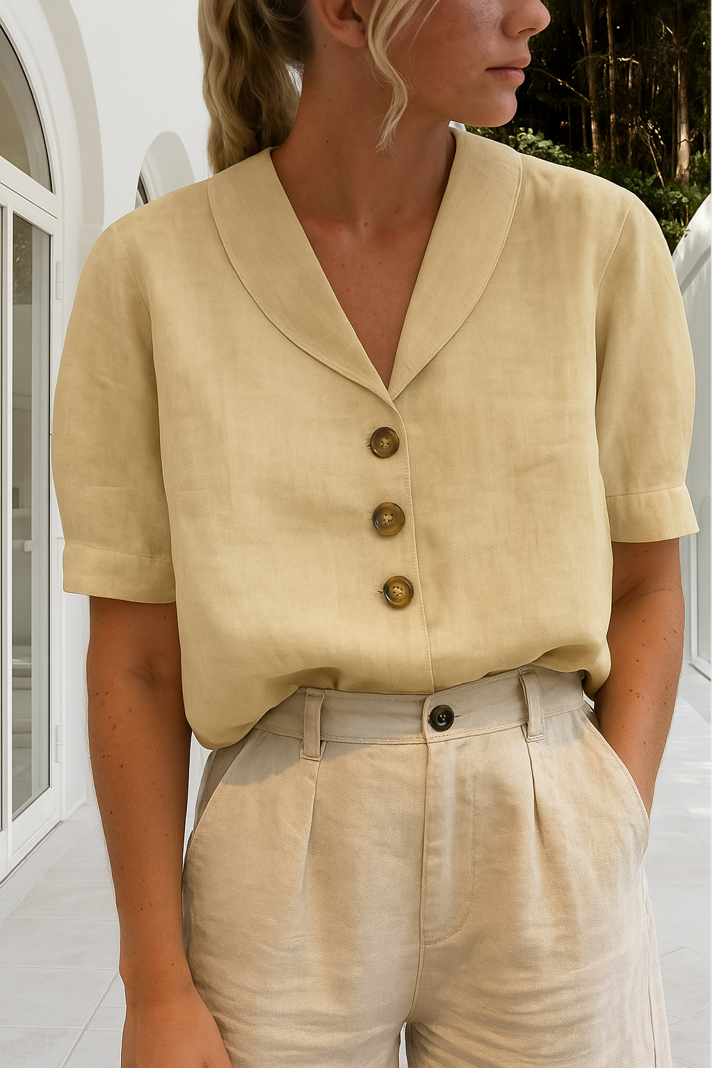 Hør Skjorte Dame | Elegant Bluse med Sjalkrave & Korte Ærmer