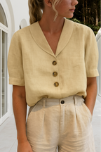 Hør Skjorte Dame | Elegant Bluse med Sjalkrave & Korte Ærmer