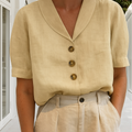 Hør Skjorte Dame | Elegant Bluse med Sjalkrave & Korte Ærmer