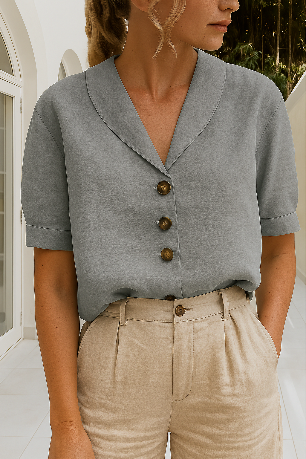 Hør Skjorte Dame | Elegant Bluse med Sjalkrave & Korte Ærmer