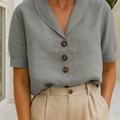 Hør Skjorte Dame | Elegant Bluse med Sjalkrave & Korte Ærmer