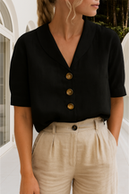 Hør Skjorte Dame | Elegant Bluse med Sjalkrave & Korte Ærmer