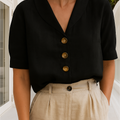 Hør Skjorte Dame | Elegant Bluse med Sjalkrave & Korte Ærmer