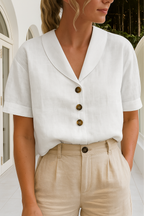 Hør Skjorte Dame | Elegant Bluse med Sjalkrave & Korte Ærmer