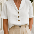 Hør Skjorte Dame | Elegant Bluse med Sjalkrave & Korte Ærmer