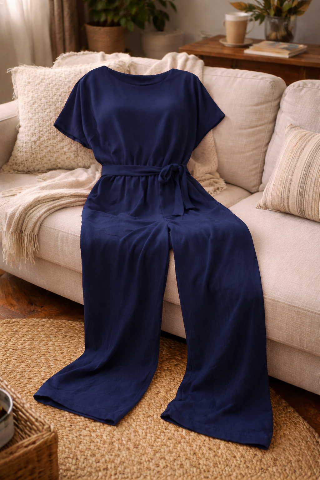 Dame Jumpsuit med Brede Ben og Bælte — Strandstil, Elegant & Ubesværet