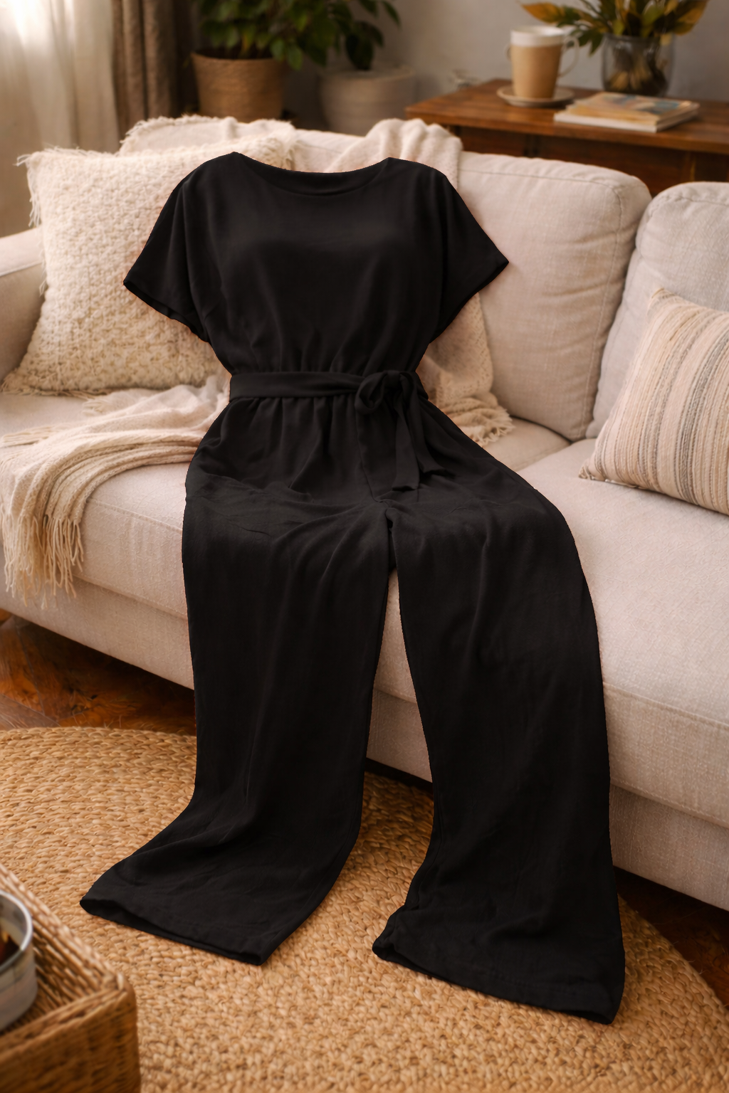 Dame Jumpsuit med Brede Ben og Bælte — Strandstil, Elegant & Ubesværet