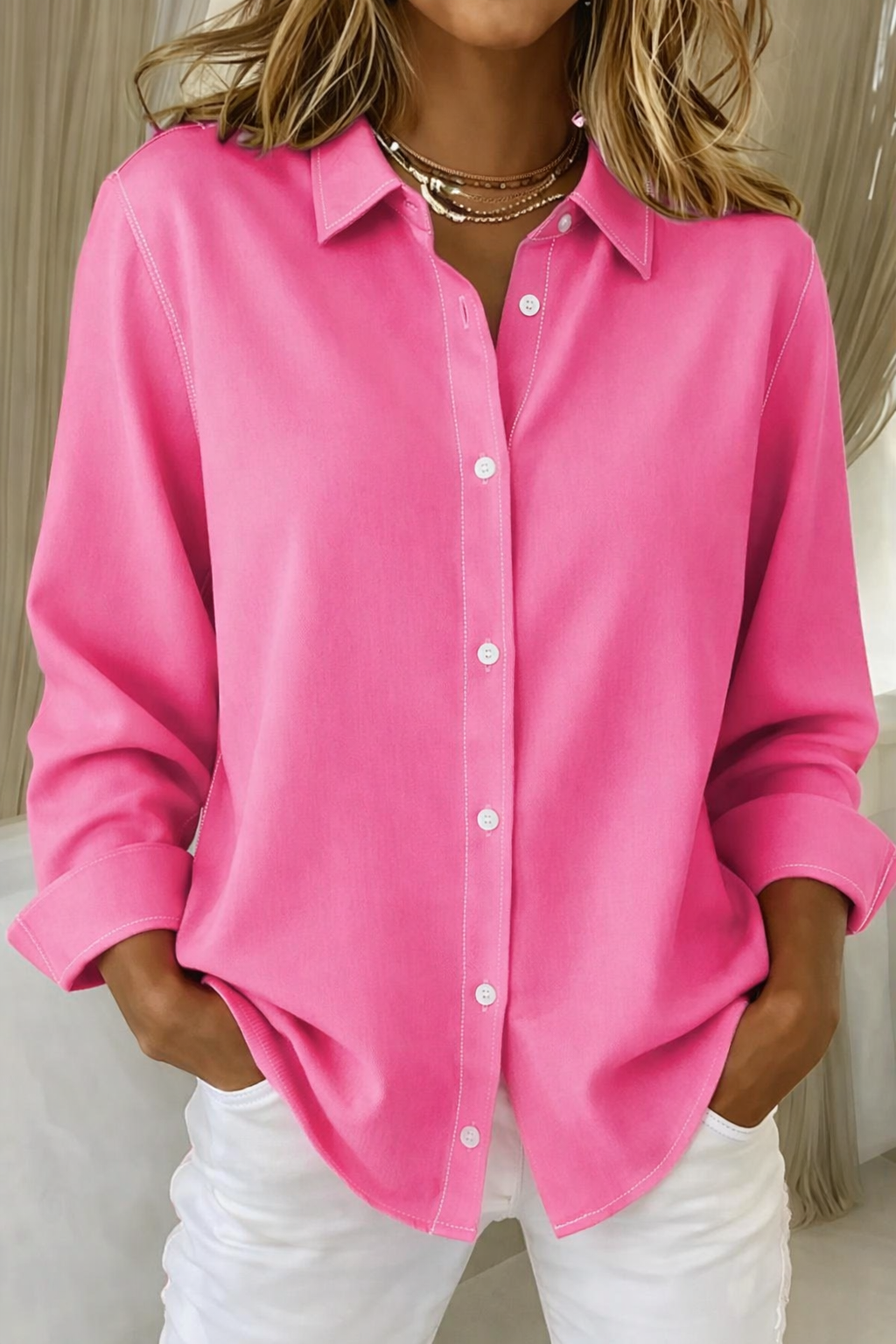Elegant Knap Bluse Dame | Langærmet Skjortebluse med Knaplukning & Krave