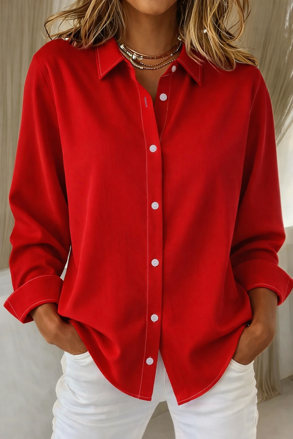 Elegant Knap Bluse Dame | Langærmet Skjortebluse med Knaplukning & Krave