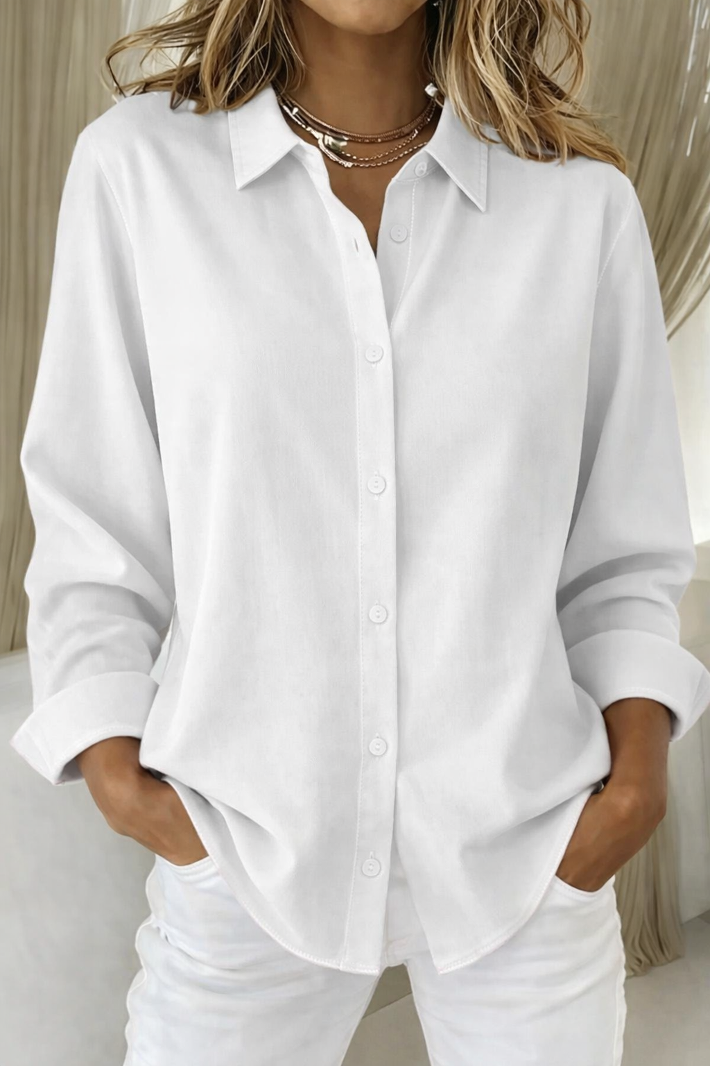 Elegant Knap Bluse Dame | Langærmet Skjortebluse med Knaplukning & Krave