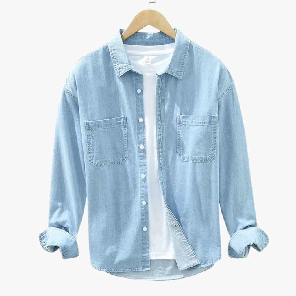 Herre Denimskjorte med Knaplukning og Brystlomme