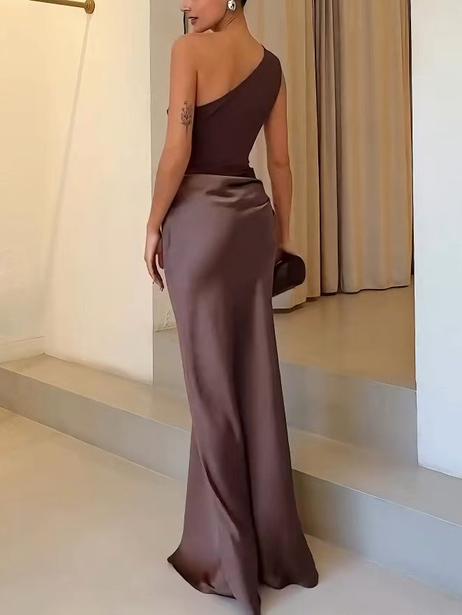 Anita | Elegant One Shoulder Neck Pleated Party Maxi Kjole