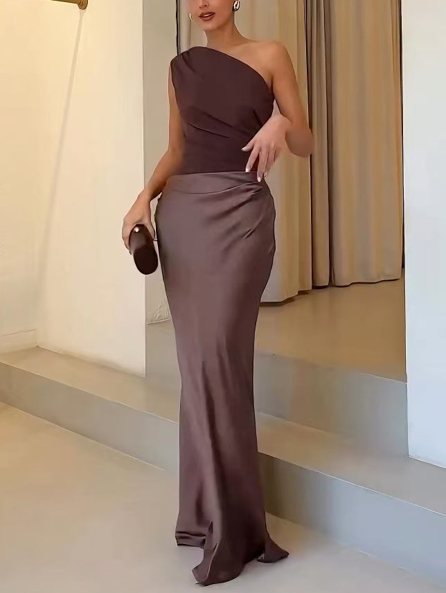 Anita | Elegant One Shoulder Neck Pleated Party Maxi Kjole