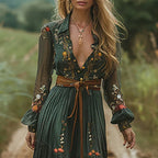 Bohemian Floral Maxi Kjole | Sommerkjole med Broderi & Gennemsigtige Pufærmer