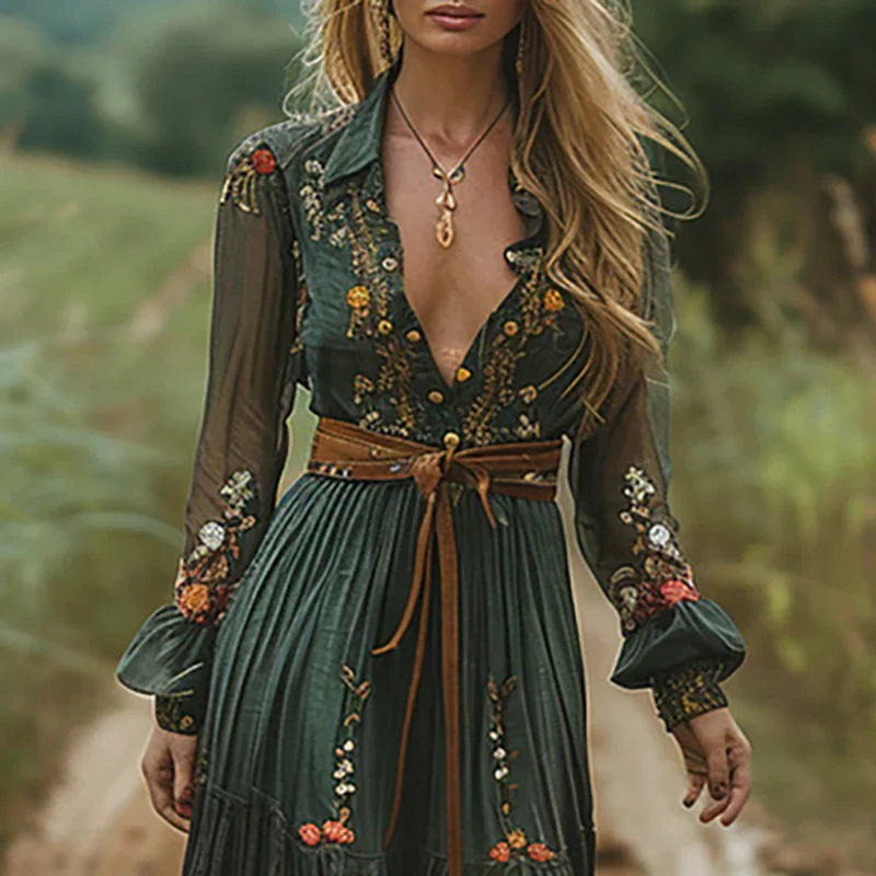 Bohemian Floral Maxi Kjole | Sommerkjole med Broderi & Gennemsigtige Pufærmer