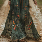 Bohemian Floral Maxi Kjole | Sommerkjole med Broderi & Gennemsigtige Pufærmer