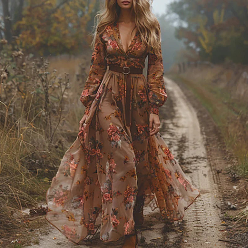 Bohemian Floral Maxi Kjole | Sommerkjole med Broderi & Gennemsigtige Pufærmer