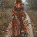 Bohemian Floral Maxi Kjole | Sommerkjole med Broderi & Gennemsigtige Pufærmer
