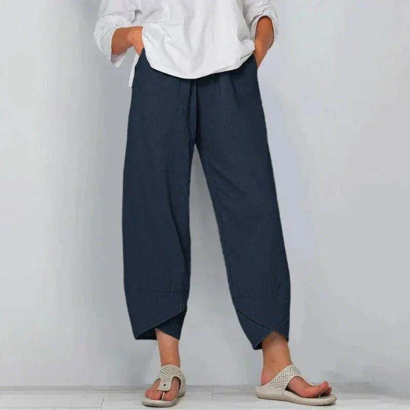 Capri Bukser Dame | Chic Sommerbukser med Elastik Talje & Asymmetrisk Hem