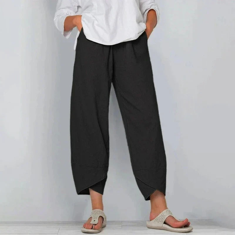 Capri Bukser Dame | Chic Sommerbukser med Elastik Talje & Asymmetrisk Hem