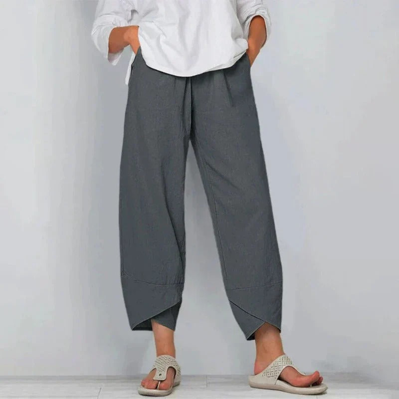 Capri Bukser Dame | Chic Sommerbukser med Elastik Talje & Asymmetrisk Hem