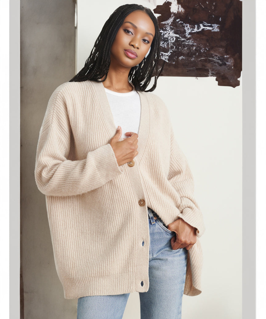Kvinders Oversized Knappet Cardigan med Behagelig Ribstrik Tekstur