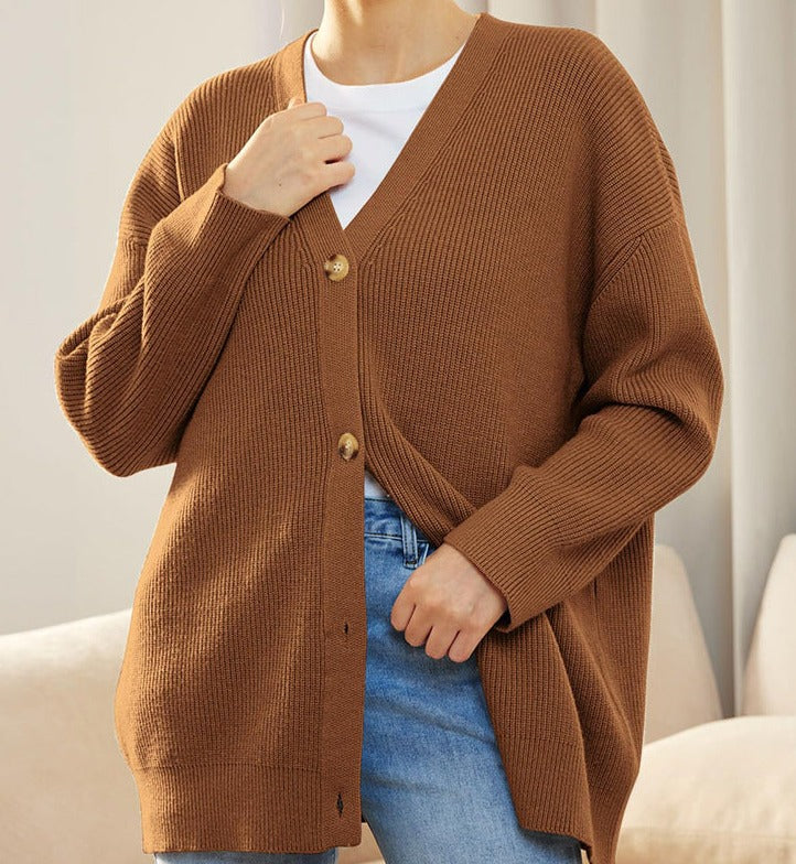 Kvinders Oversized Knappet Cardigan med Behagelig Ribstrik Tekstur