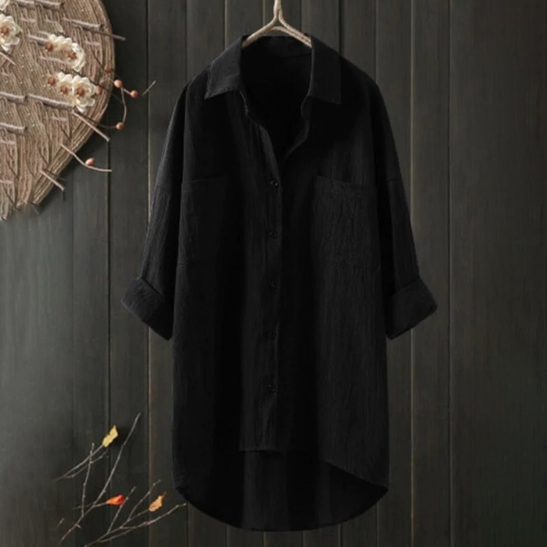 Lang Skjortebluse med Forlommer og Asymmetrisk Kant | Hverdagsbluse & Feriebluse