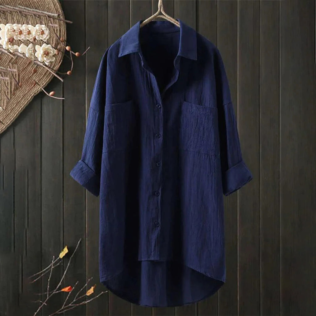Lang Skjortebluse med Forlommer og Asymmetrisk Kant | Hverdagsbluse & Feriebluse