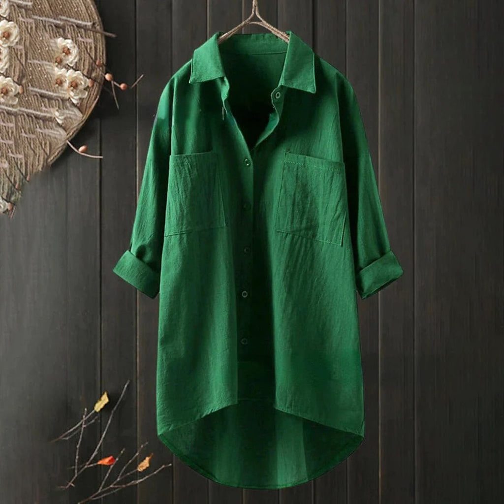 Lang Skjortebluse med Forlommer og Asymmetrisk Kant | Hverdagsbluse & Feriebluse