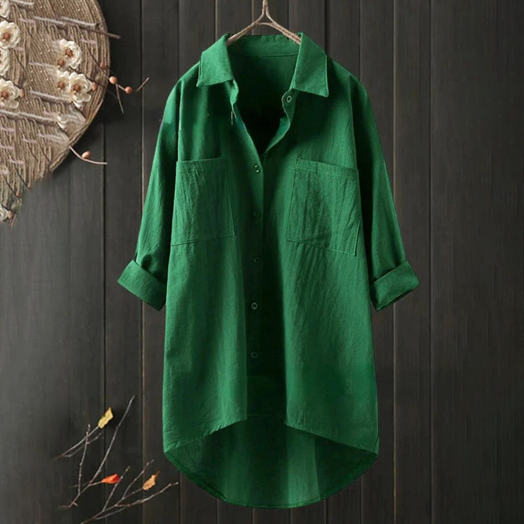 Lang Skjortebluse med Forlommer og Asymmetrisk Kant | Hverdagsbluse & Feriebluse