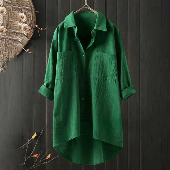 Lang Skjortebluse med Forlommer og Asymmetrisk Kant | Hverdagsbluse & Feriebluse