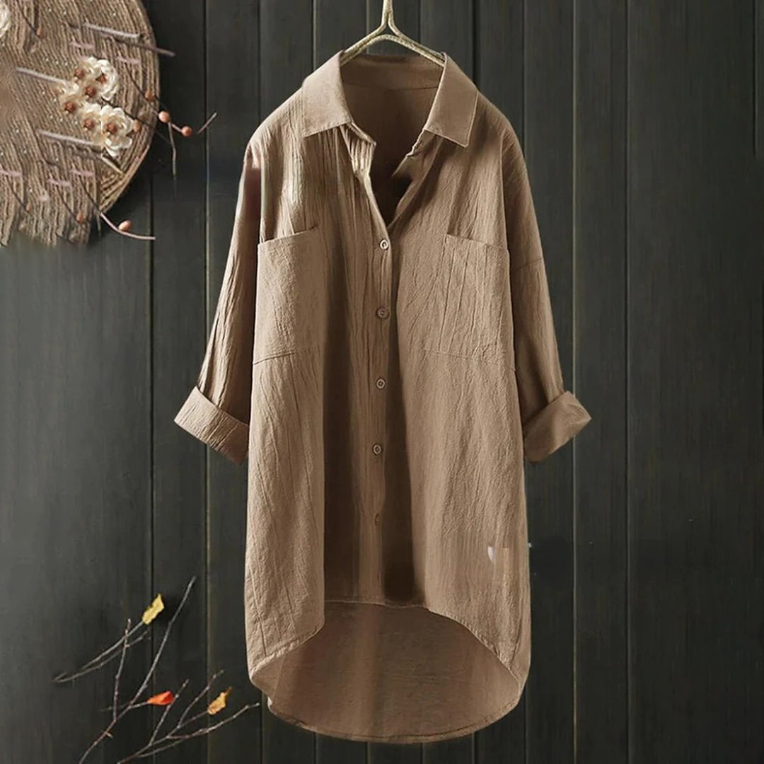Lang Skjortebluse med Forlommer og Asymmetrisk Kant | Hverdagsbluse & Feriebluse