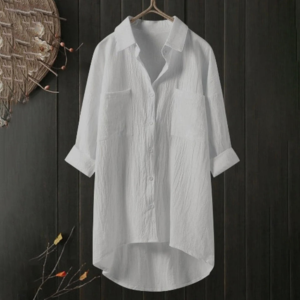 Lang Skjortebluse med Forlommer og Asymmetrisk Kant | Hverdagsbluse & Feriebluse