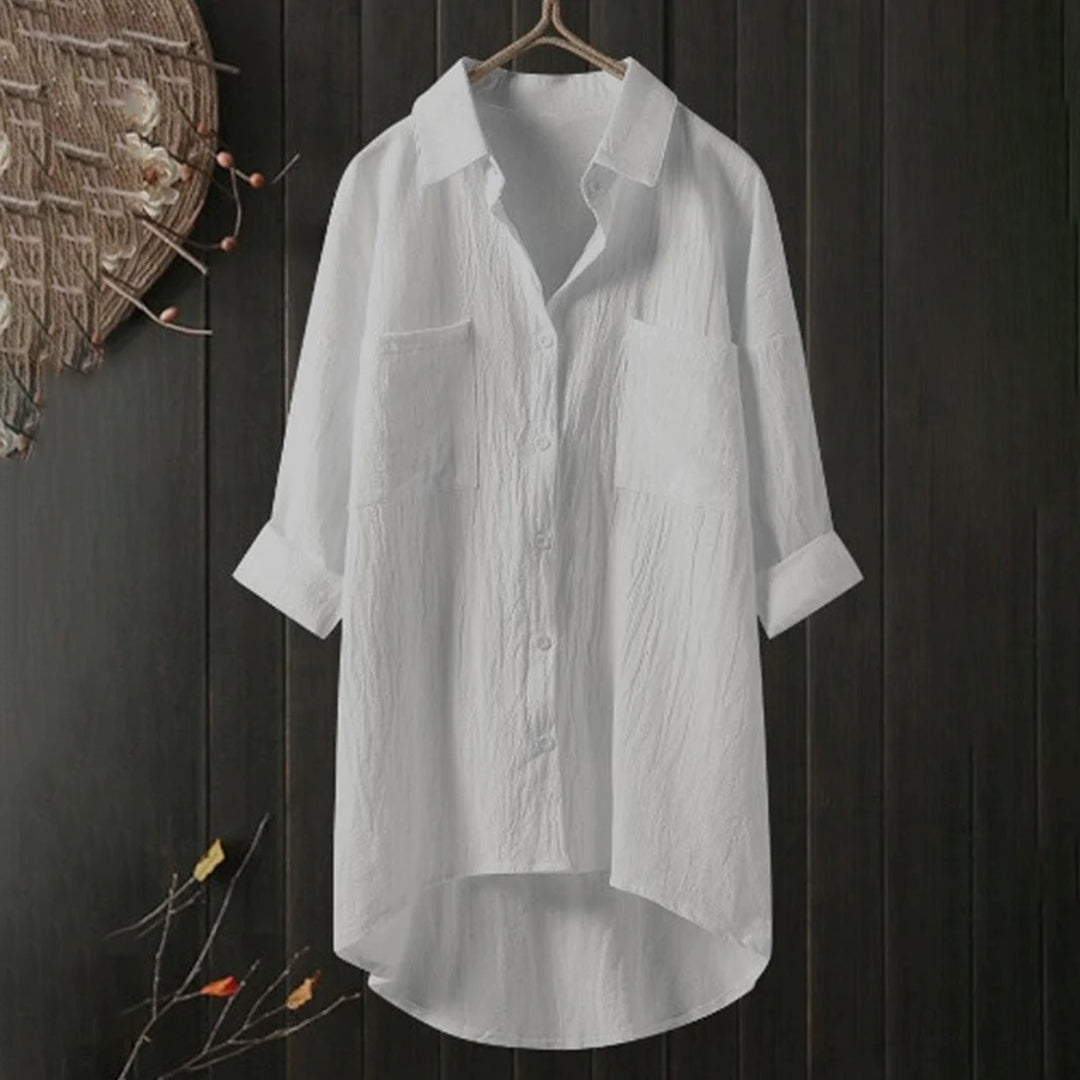 Lang Skjortebluse med Forlommer og Asymmetrisk Kant | Hverdagsbluse & Feriebluse