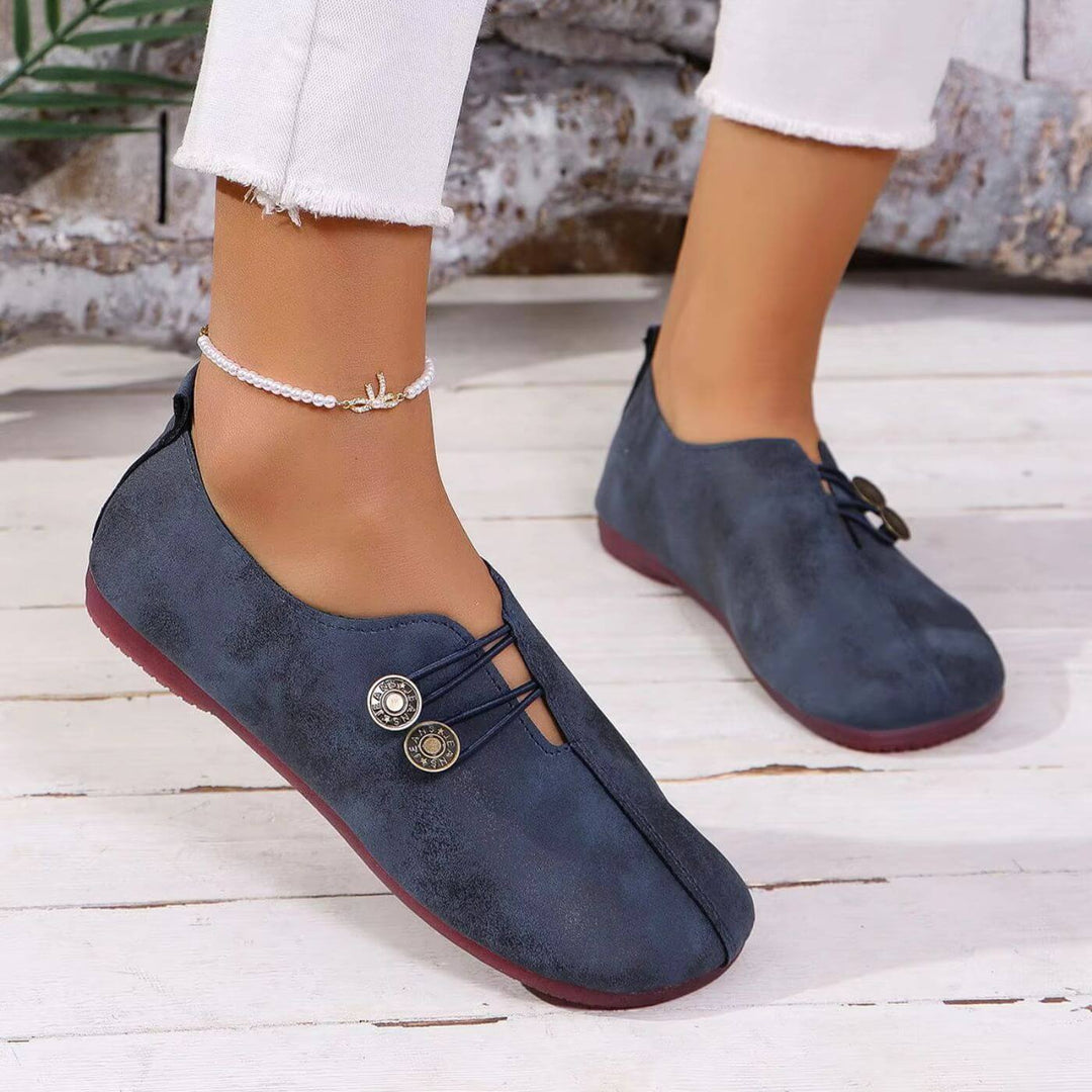 Dame Ortopædiske Komfort Loafers | Hverdagsbrug — Ruskind Slip-On Knapdetaljer